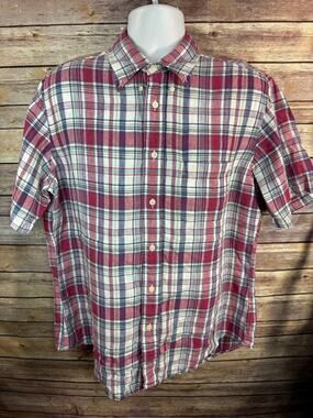 Brooks Brothers Linen Short Sleeve Button Down Shirt Size Large Red White Blue